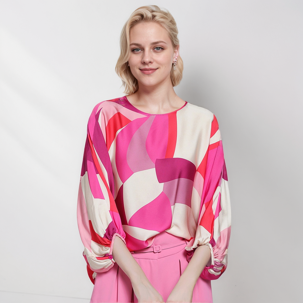 Silk Shirt Lantern Sleeves Loose Print Crew Neck REAL SILK LIFE