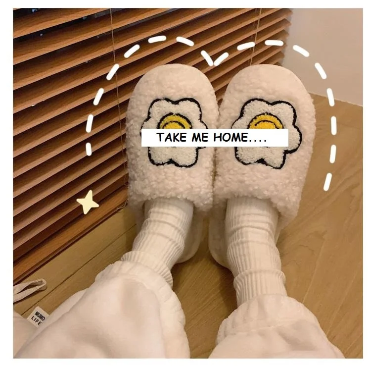 Slippers Winters Indoor Womens Fluffy Soft  Slip On House Curly Fur Slippers Sunflower Pattern Antiskid Short Plush Flat Shoes