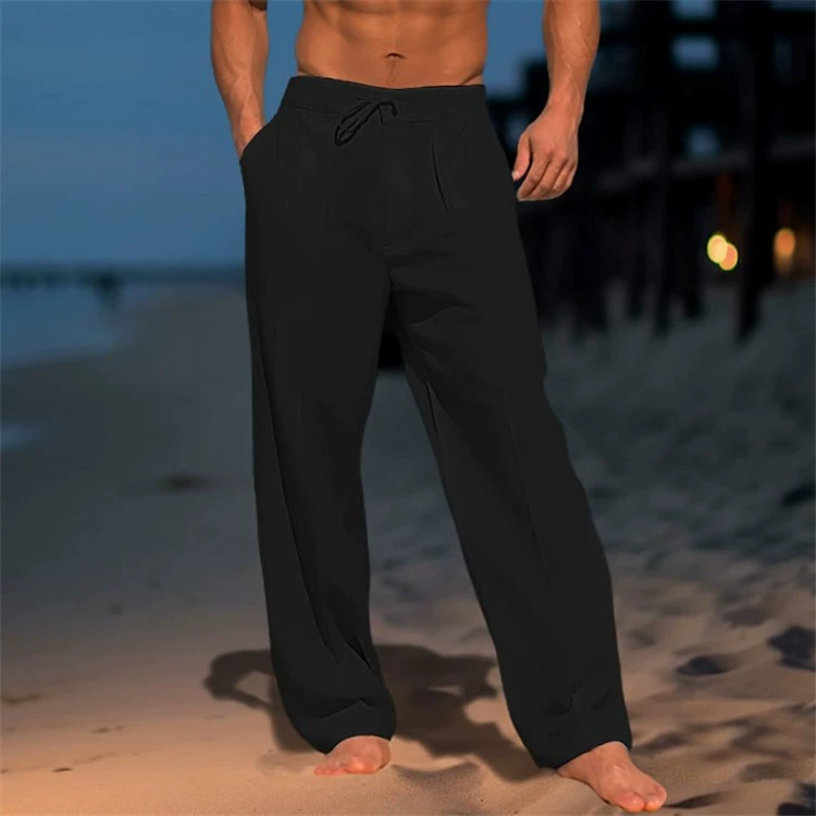 Men's Casual Solid Color Cotton And Linen Comfortable Vacation Trousers