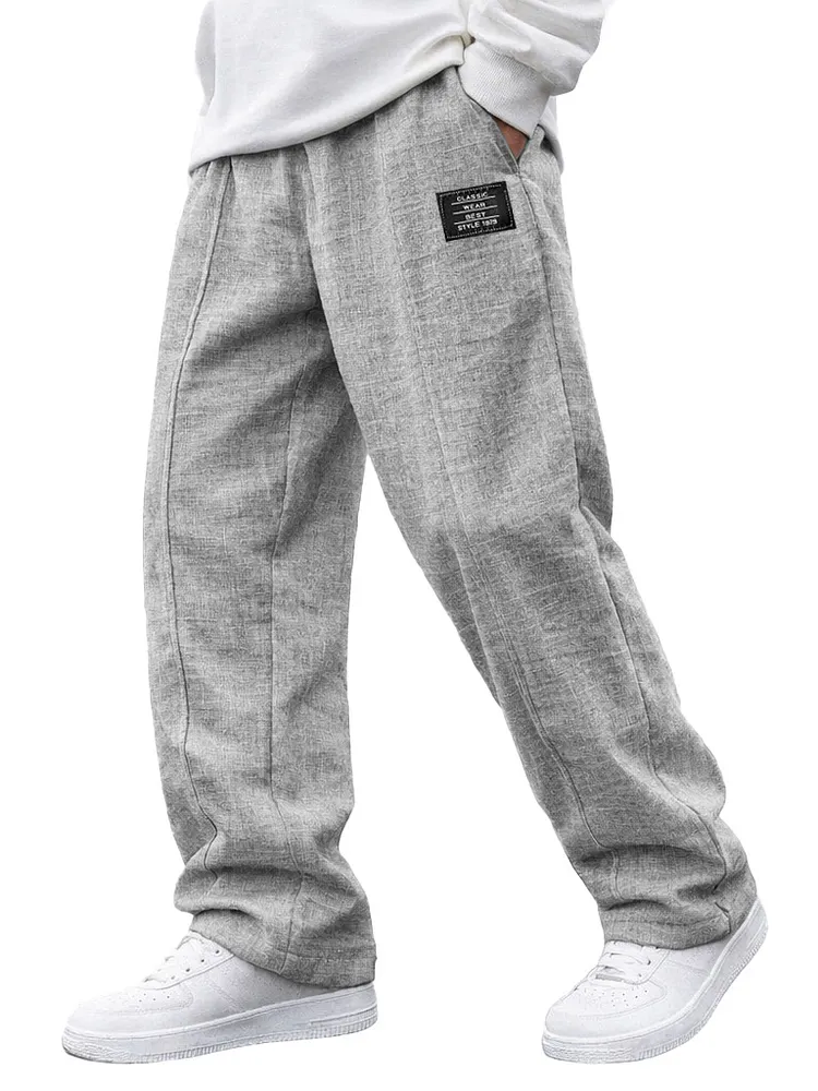 Men's Fashionable Casual Linen Pants with Elastic Waist, Embroidered Logo Pockets