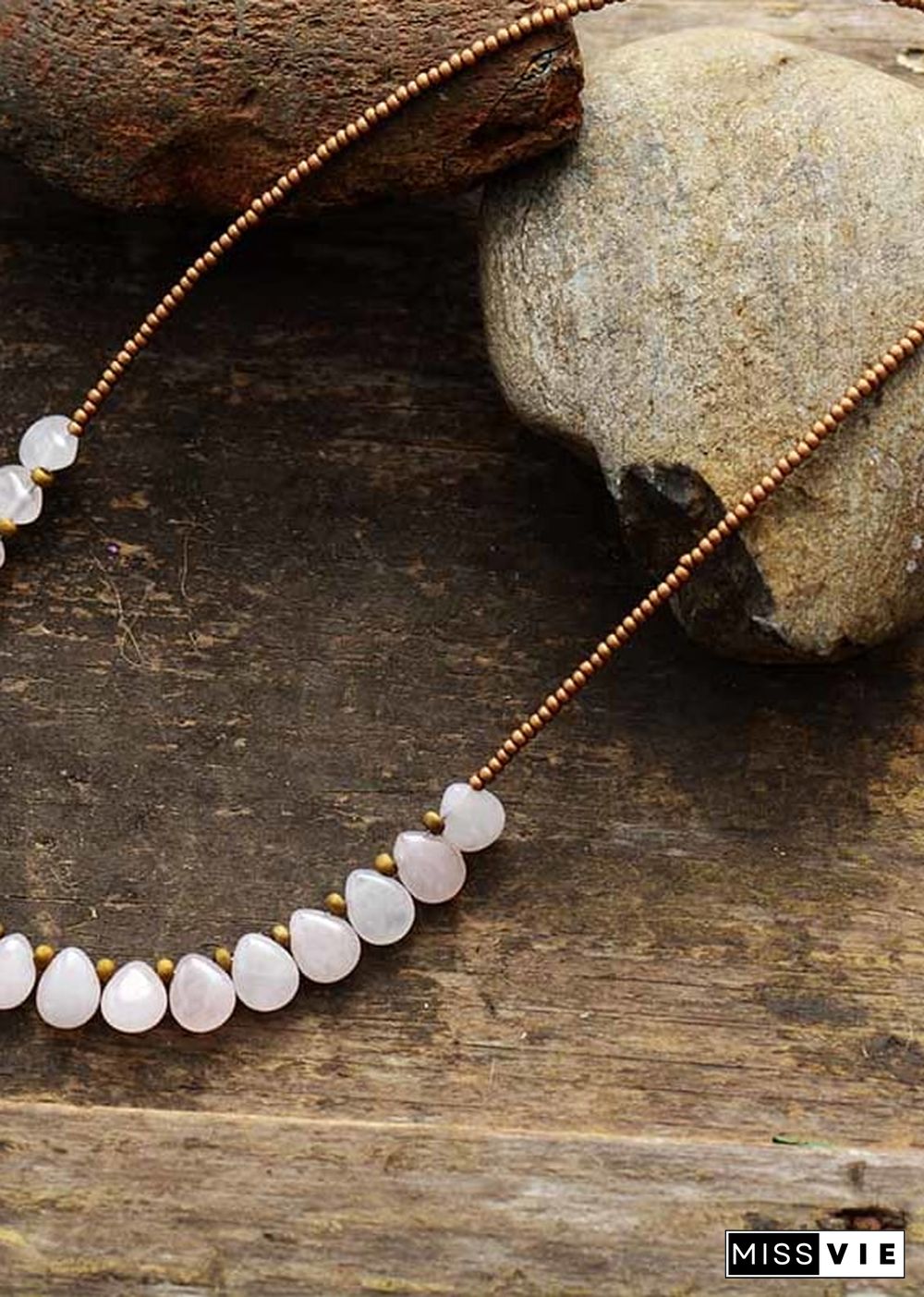 Boho Necklace, Blue Amazonite, Seed Beads Rose Quartz