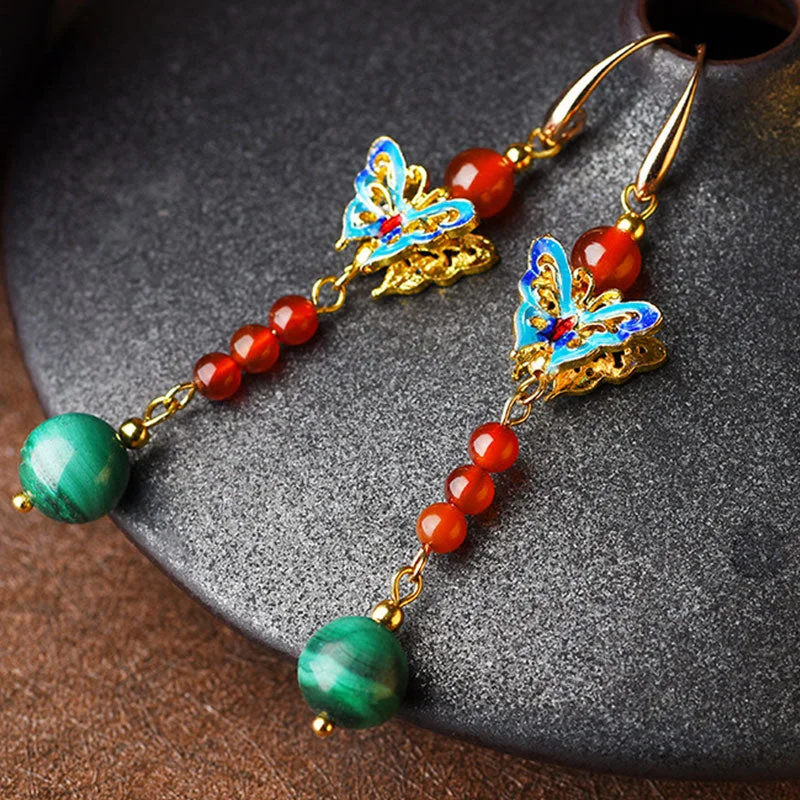 Malachite Bead Butterfly Protection Drop Earrings