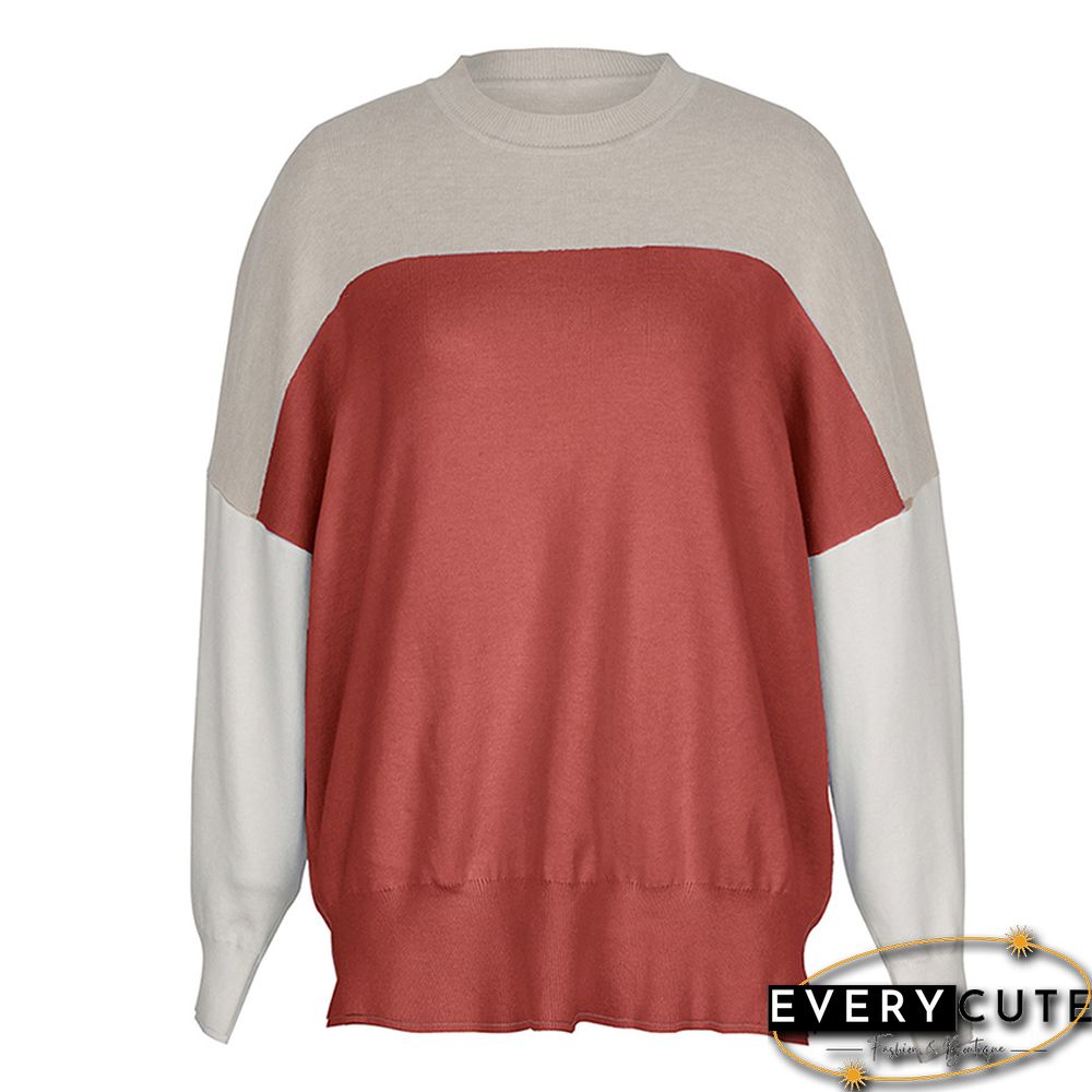 Rust Red Colorblock Pullover Knit Sweater