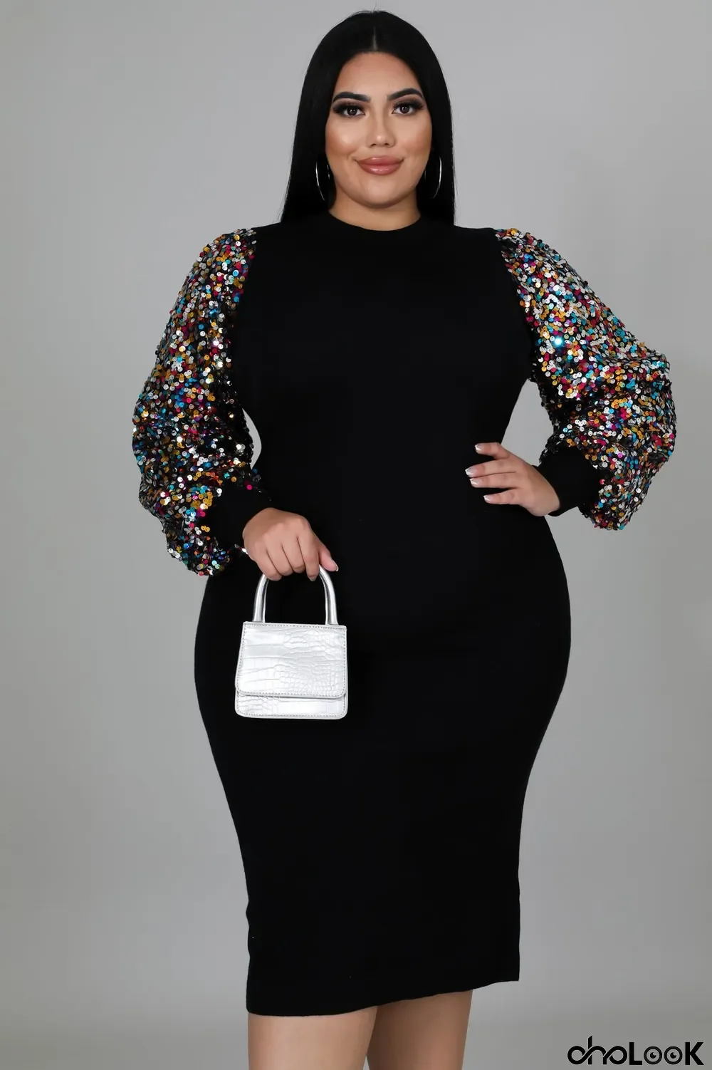 Women's Clothing Sexy Solid Color Sequin Puff Sleeve Plus Size Woman Dress