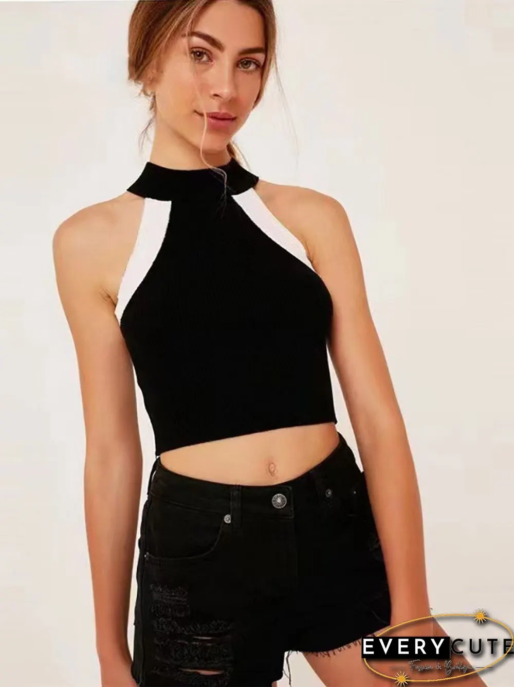 Heliar Womens Y2K Round-neck Patchwork Cute Off Shoulder Cropped Tops Knitted Tank