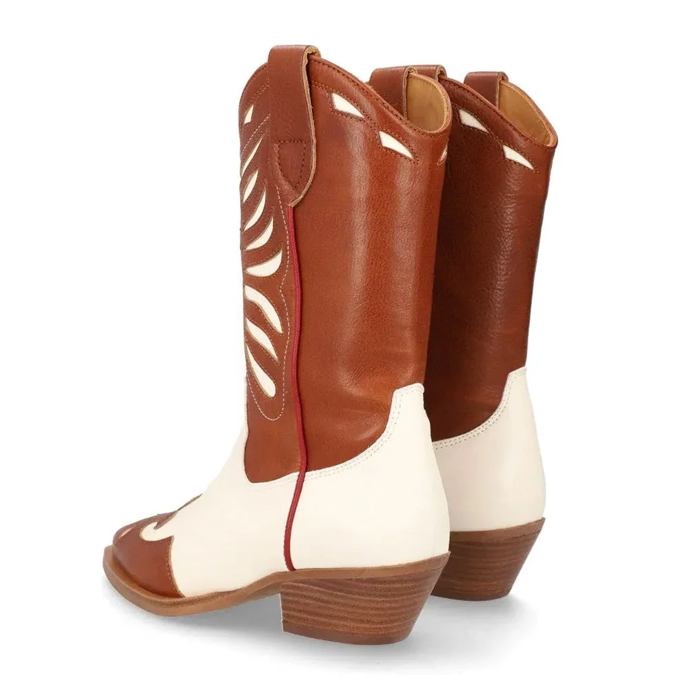 Brown & Ivory Pointed Toe Heart Stitching Western Boots For Women