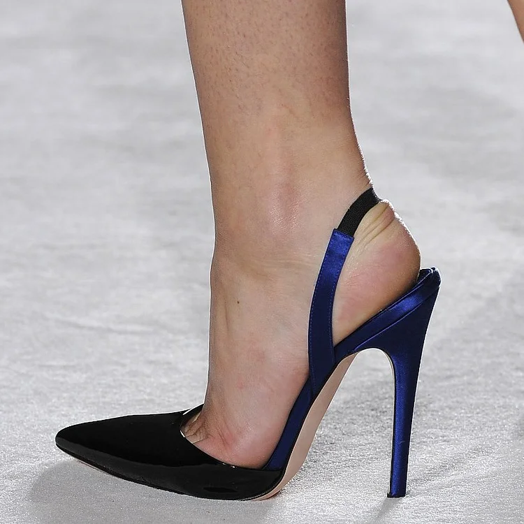 Black and Blue Pointy Toe Stiletto Heel Slingback Pumps |FSJ Shoes