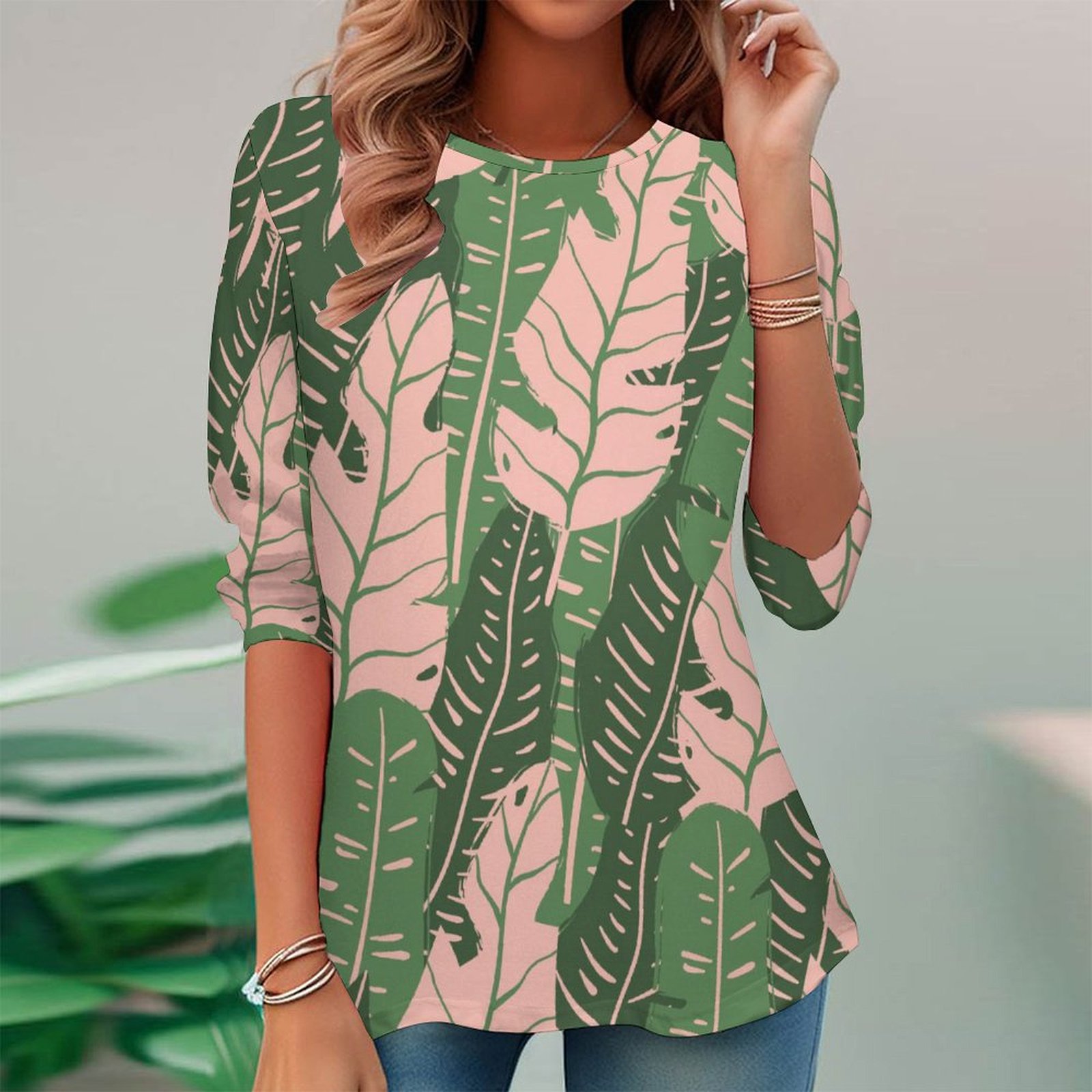 Women Long Sleeve V-neck Graphic Floral Printed Top