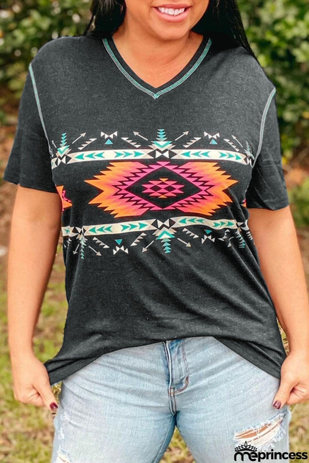 Aztec Geometric Print V Neck Tee
