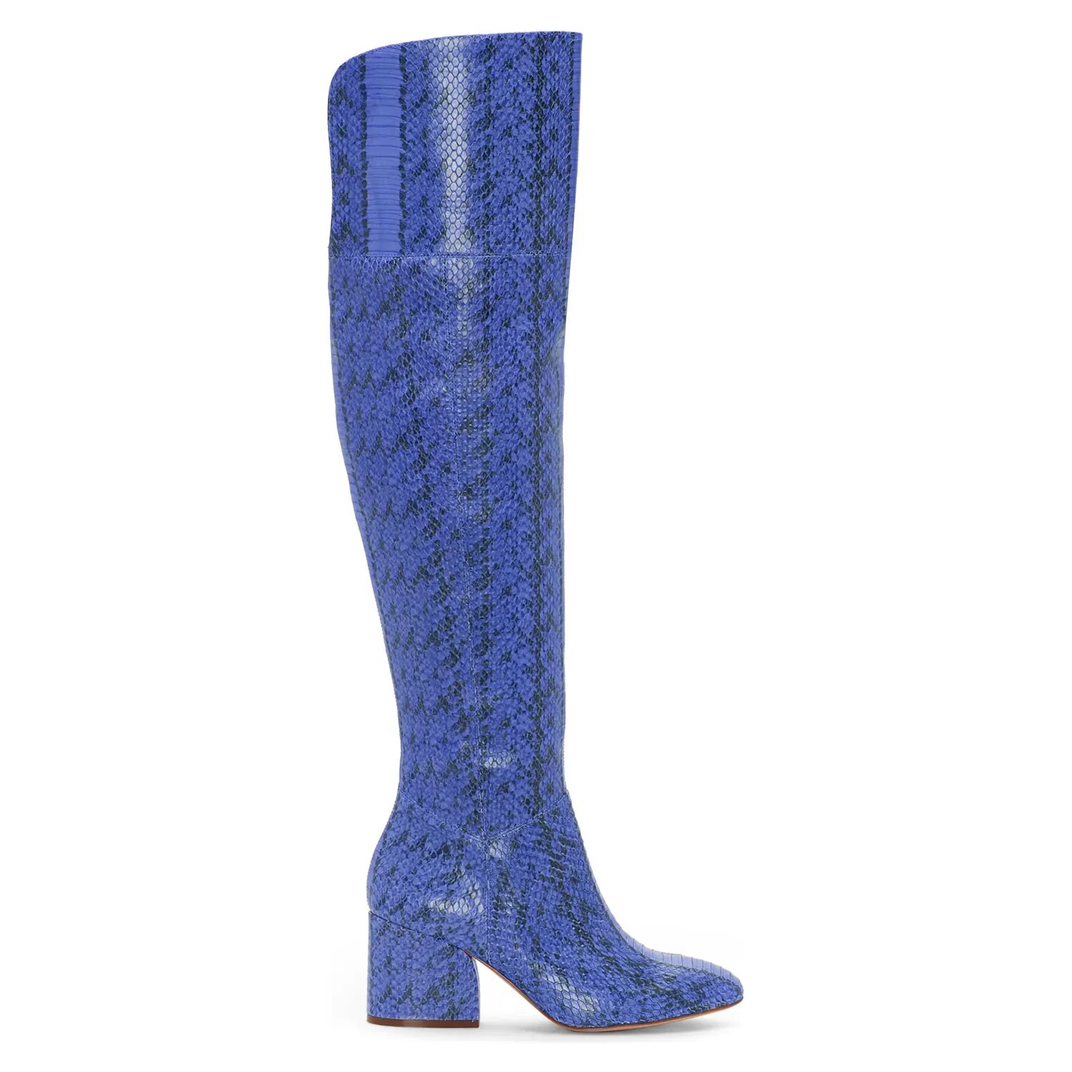 TAAFO Blue Snackskin Over The Knee Woman Boots High Chunky Heels Square Toe Zipper Shoes