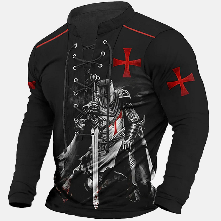 Men's Knights Templar Graphic Lace Up Long Sleeve Stand Neck Pullover Sweatshirt