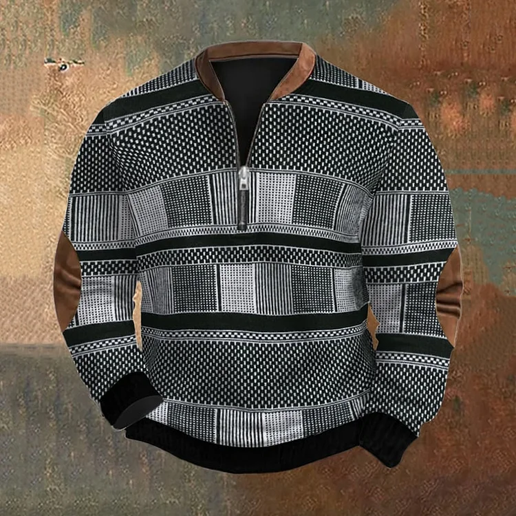 Utbros Men's Retro Western Textured Print Zip Collar Sweatshirt