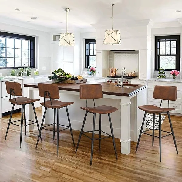 30" Bar Height Bar Stools Set of 4, Red Brown Faux Leather Upholstered Barstools with Back Footrest and Metal Legs, Armless Bar Chairs for Kitchen Island/Dining Room/Bar/Basement 30 IN Red Brown 4