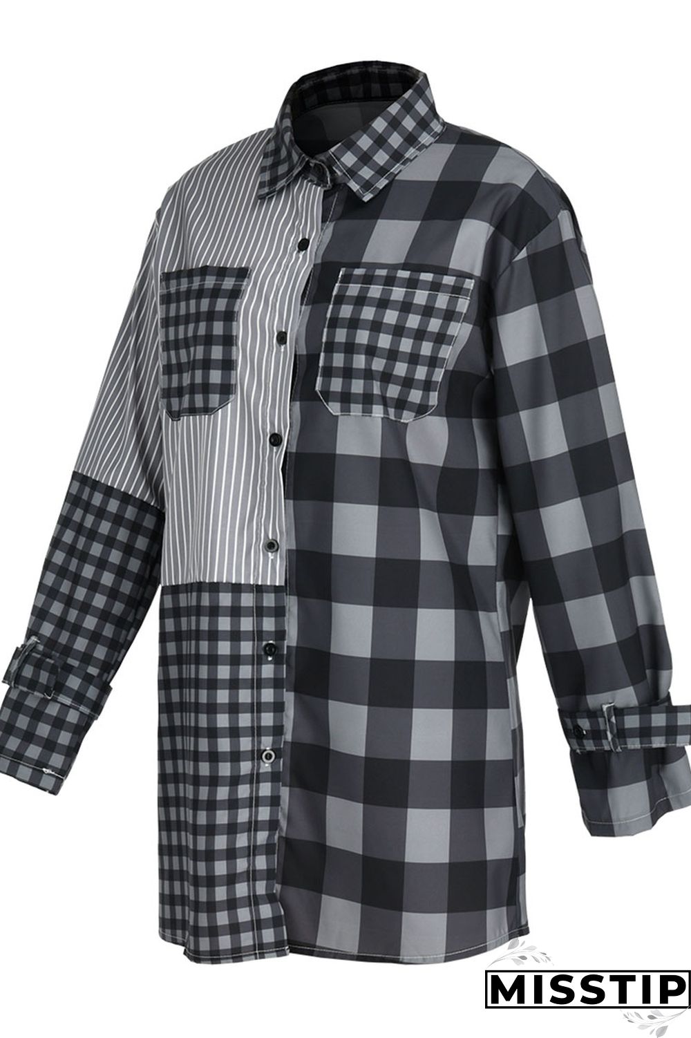 Deep Blue Casual Plaid Print Patchwork Buckle Turndown Collar Shirt Dress Dresses