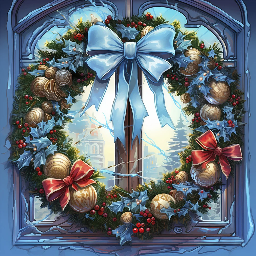 Full Round Diamond Painting - Stained Glass Xmas Wreath(Canvas|30*30cm)