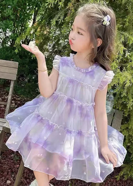 Elegant Purple Ruffled Print Chiffon Girls Dresses Summer