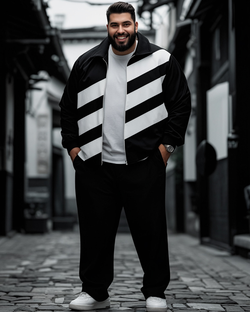 Casual Color Matching Zipper Long Sleeve Jacket and Trousers Plus Size Men's Suit