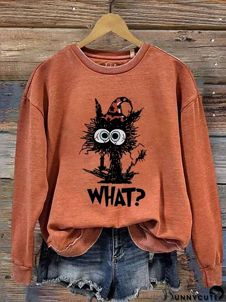 Women's Halloween Fun Black Cat Print Round Neck Long Sleeve Sweatshirt