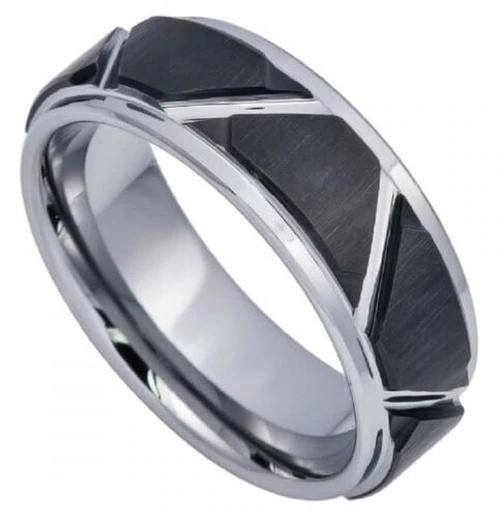 Women's Or Men's Tungsten Carbide Wedding Band Rings,Duo Tone Silver Tone Band with Black Staggered Pattern Design Ring With Mens And Womens For Width 4MM 6MM 8MM 10MM