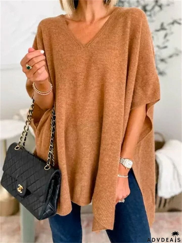 Chic V-neck Loose Knitted Poncho Sweater for Women