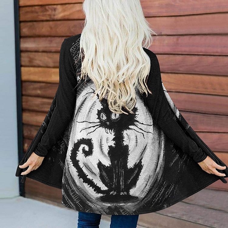 Vefave Contrast Cat Print Long Sleeve Cardigan
