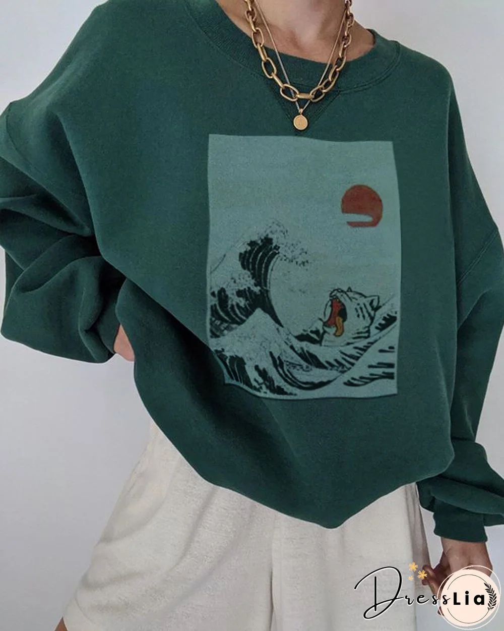 All-Match Fun Surf Cat Sun Print Sweatshirt