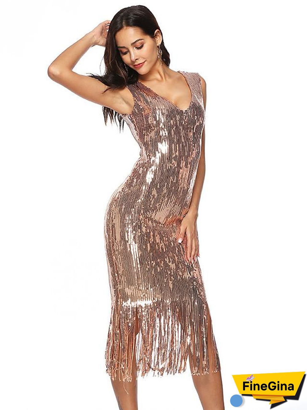 Women's A Line Dress Knee Length Dress Gold Sleeveless Solid Color Sequins Tassel Fringe Patchwork Summer V Neck Elegant Sexy Party S M L XL XXL