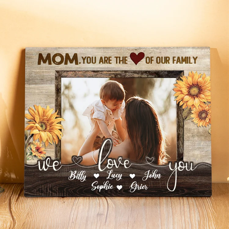 Personalized 5 Names & 1 Photo Wooden Plaque Custom Sunflower Home Decor Gifts for Mom - You Are The Heart/Love Of Our Family