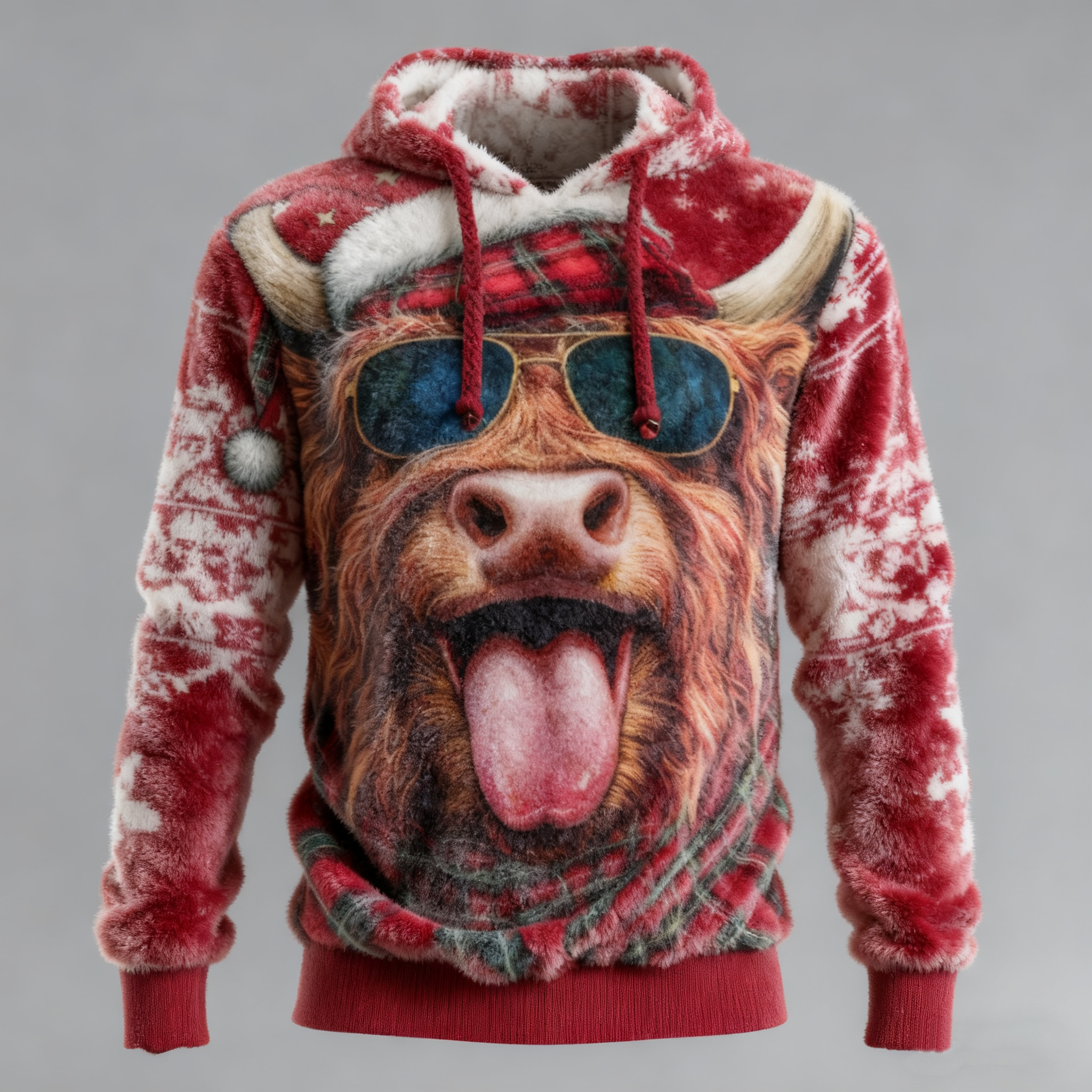 Men's Funny Christmas Highland Cow Print Long Sleeve Flannel Hoodie elevenforest