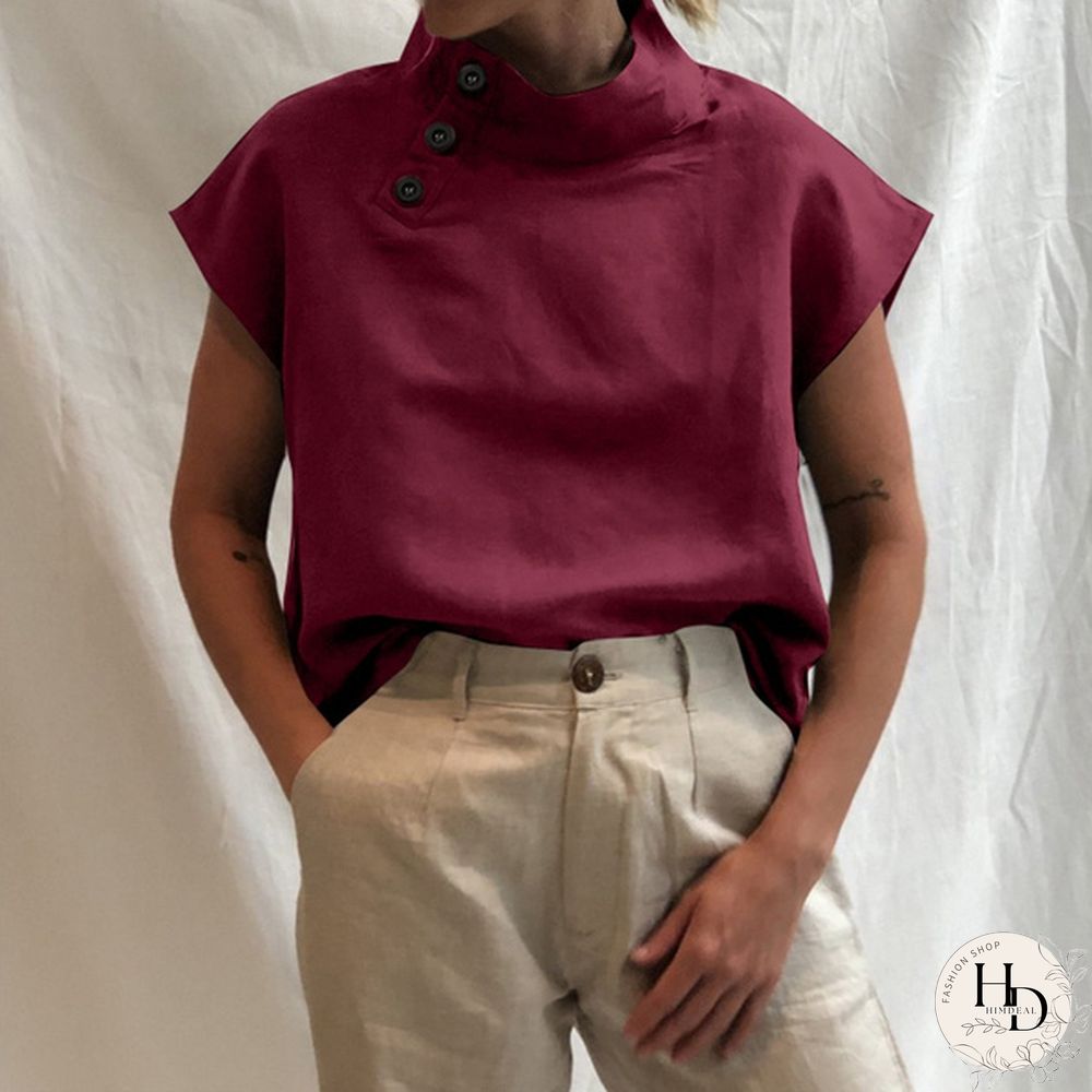 Summer Women Batwing Short Sleeve Blouse Cotton Linen High Collar Casual Loose Shirt Plus