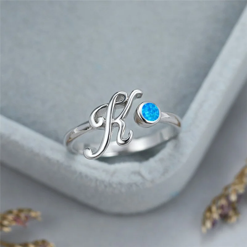 Cute Female K Letter Open Adjustable Ring Boho Blue White Opal Wedding Rings For Women Rose Gold Color Engagement Ring