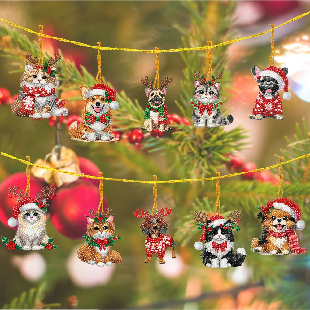 10Pcs Christmas Cats Dogs Diamond Painting Christmas Tree Pendant 