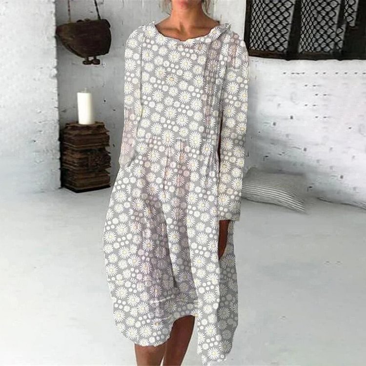 Comstylish Simple Round Neck Long Sleeve Printed Midi Dress