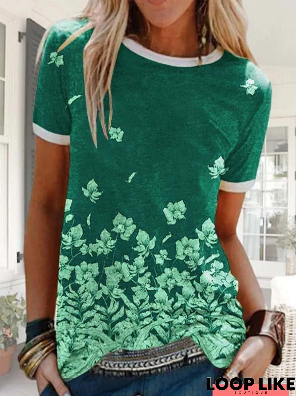 Floral  Short Sleeve  Printed  Cotton-blend  Crew Neck  Casual  Summer  Green Top