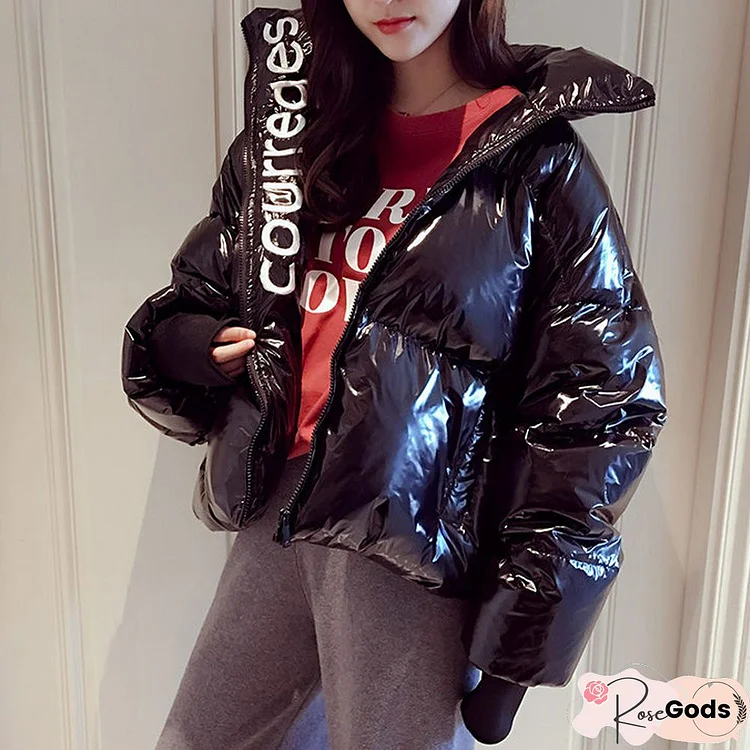 Streetwear Women Winter Warm Thick Coats Fashion Glossy Letter Embroidery Korean Down Jackets Lady Elegant Harajuku Parkas