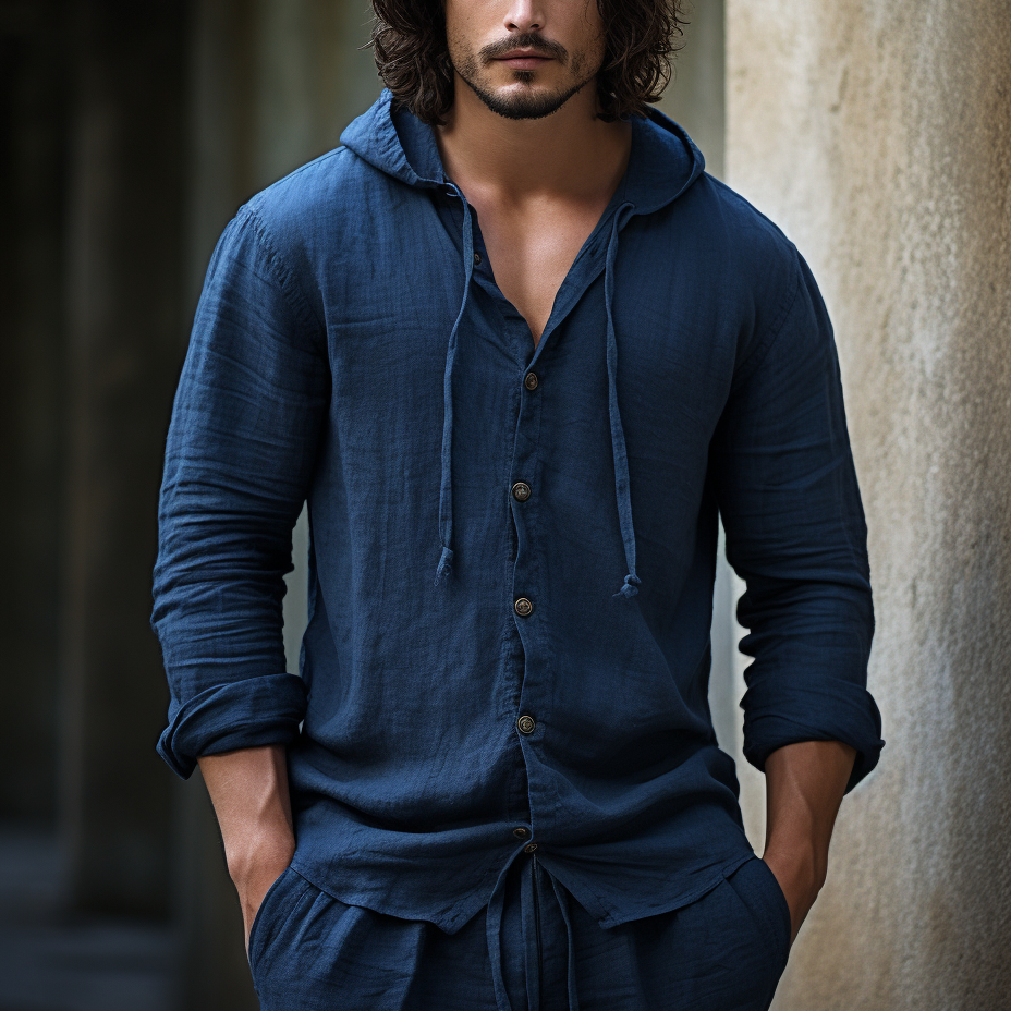 Men's Vacation Style Plain Linen Simple Casual Bohemian Button Hooded Top-inspireuse