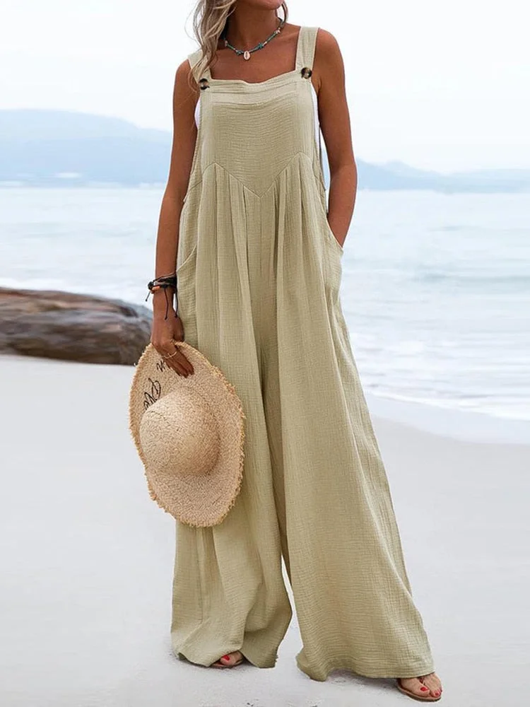 Women Loose Pockets Summer Casual Jumpsuits Female Streetwear Solid Long Wide Leg Pants 2022 Patchwork Straight Office Rompers