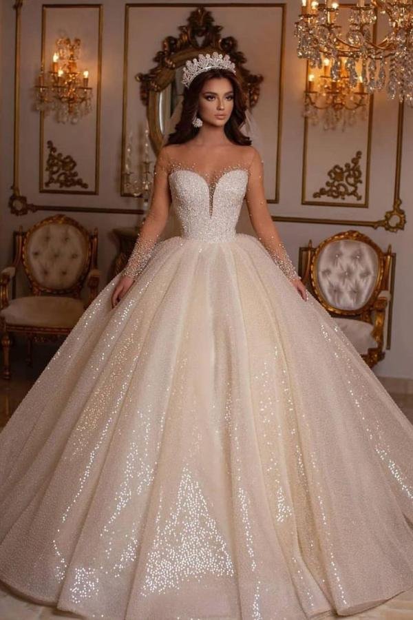 Gorgeous Sweetheart Long Ball Gown Wedding Dress With Sleeves | Ballbellas Ballbellas