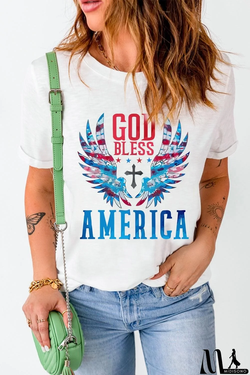 MidiSono - GOD BLESS AMERICA Cuffed Tee Shirt