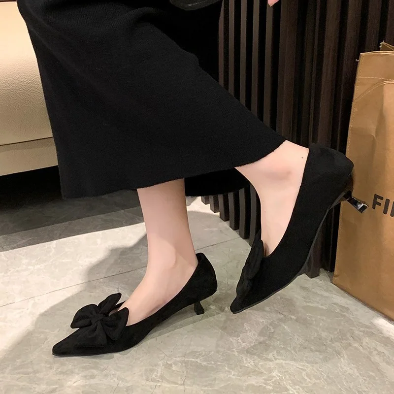 Yyvonne Heel Temperament Single-Shoe Women's Shoes Spring New Velvet Face Sweet Pointed Bow Bow Low Heel Shallow Women's Shoes