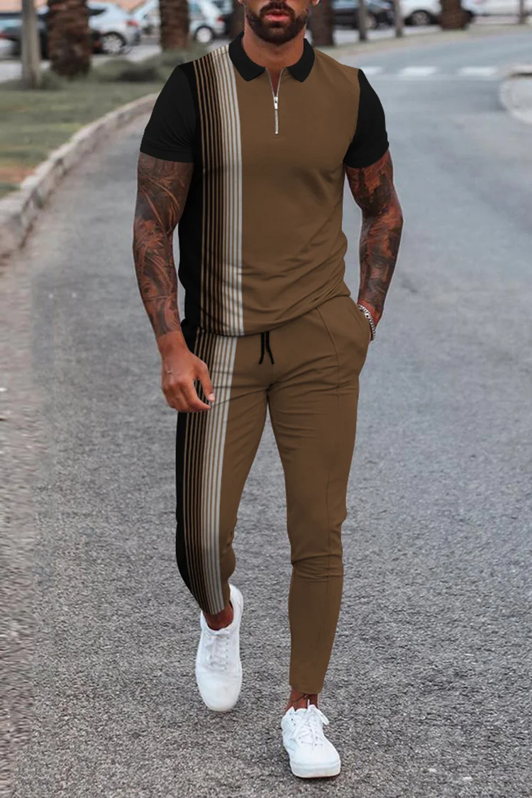 Tiboyz Fashion Color Matching Polo Shirt And Pants Two Piece Set