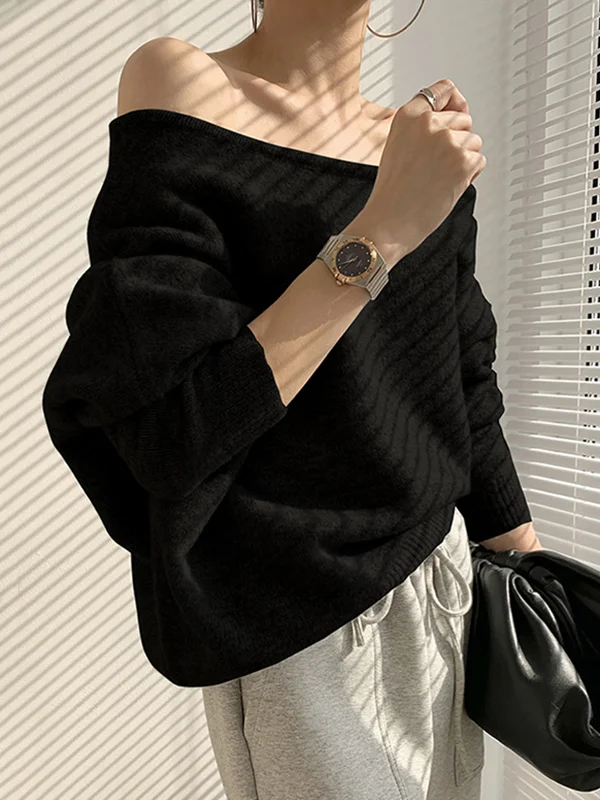 Casual Loose Long Sleeves Solid Color Off-The-Shoulder Sweater Tops