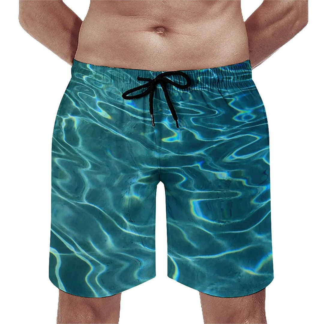 Aqua Blue Water Jellyfish Watercolor Men's Swim Trunks Summer Board Shorts Quick Dry Beach Short with Pockets