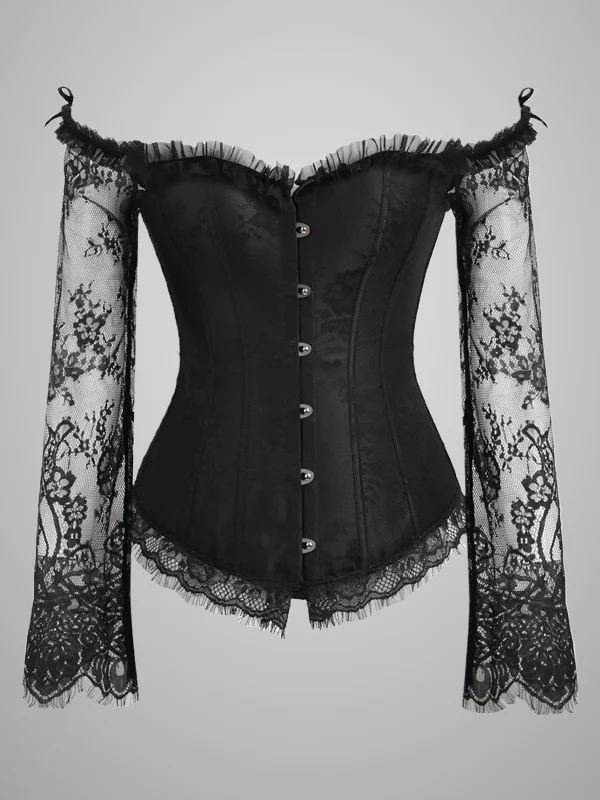 Gothic Dark Vintage Lace Paneled Drawstring Long Lace Bell Sleeve Corset