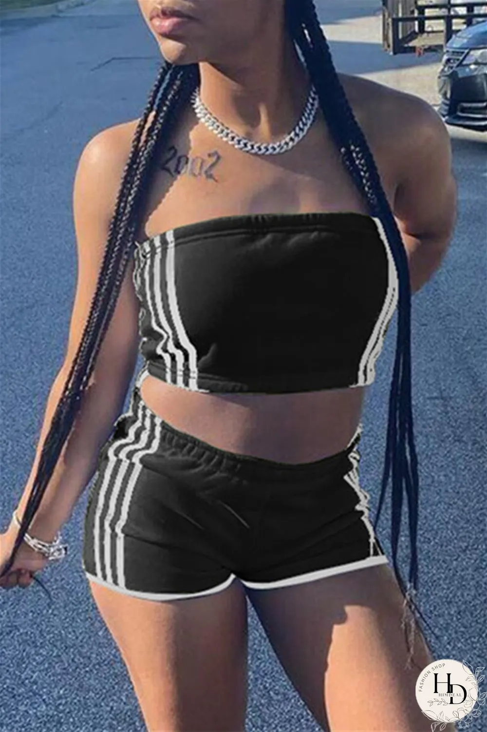 Black Sexy Casual Striped Split Joint Backless Strapless Sleeveless Two Pieces