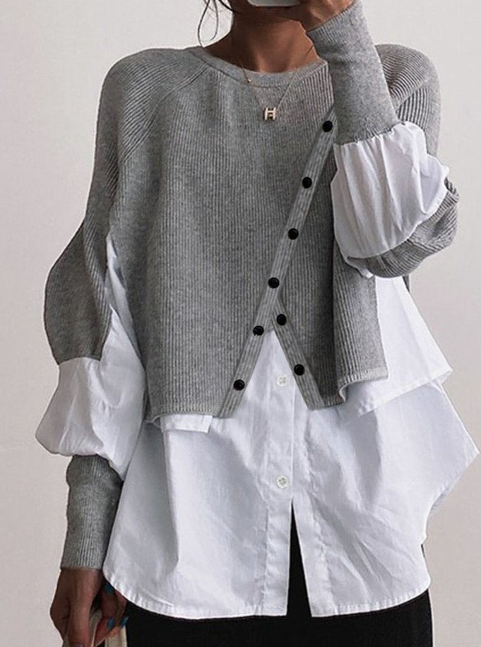 Asymmetric Button Sweater Blouse