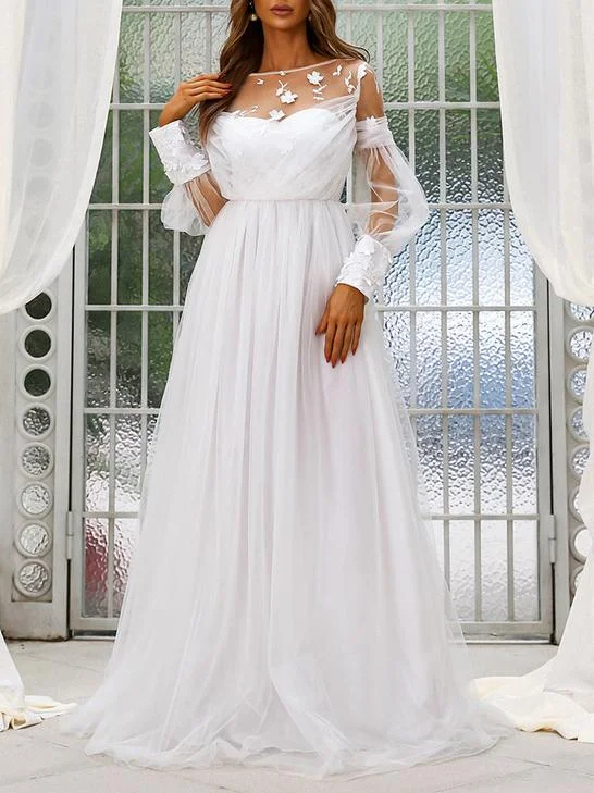 Mesh lace sleeves white wedding dress-zachics