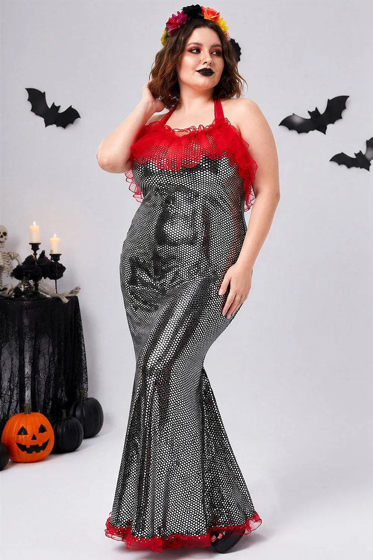 Xpluswear Design Plus Size Halloween Costume Black Mermaid Gothic Overlay Ruffle Sequin Maxi Dress（Ships 24h） 2024 - Xpluswear