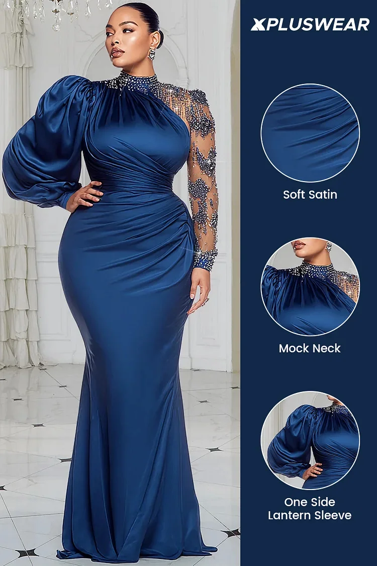 Xpluswear Design Plus Size Formal Blue Mock Neck Lantern Sleeve Long Sleeve Drilling Elegant See Through Tulle Satin Maxi Dresses