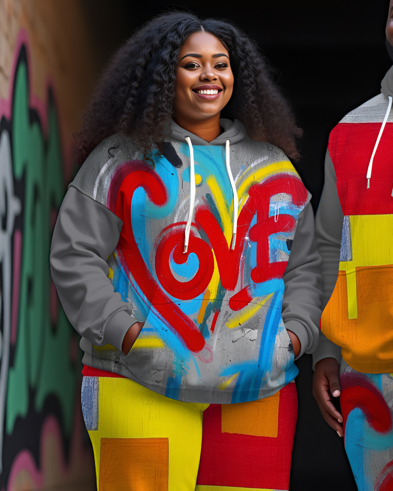 Couple Plus Size Street Love Couple Doodle Print Hoodie Set
